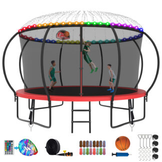 Kumix Trampoline 12FT 1200LBS for 2-3 Adults/ 6-7Kids, Trampolines with Enclosure, Basketball Hoop, Wind Stakes and More Gifts, Outdoor Heavy Duty Galvanized Full Spray Pumpkin Trampoline, Red