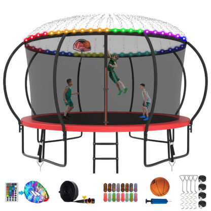 Kumix Trampoline 12FT 1200LBS for 2-3 Adults/ 6-7Kids, Trampolines with Enclosure, Basketball Hoop, Wind Stakes and More Gifts, Outdoor Heavy Duty Galvanized Full Spray Pumpkin Trampoline, Red