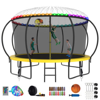 Kumix Trampoline 12FT 1200LBS for 2-3 Adults/ 6-7Kids, Trampolines with Enclosure, Basketball Hoop, Wind Stakes and More Gifts, Outdoor Heavy Duty Galvanized Full Spray Pumpkin Trampoline, Yellow