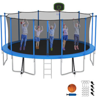 Kumix Trampoline with Enclosure Net for Kids Adults, 1500LBS 15FT Recreational Trampolines with Basketball Hoop, Ladder, Wind Stake, Outdoor Heavy Duty Round Trampoline for Family