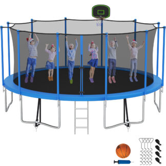 Kumix Trampoline with Enclosure Net for Kids Adults, 1500LBS 16FT Recreational Trampolines with Basketball Hoop, Ladder, Wind Stake, Outdoor Heavy Duty Round Trampoline for Family