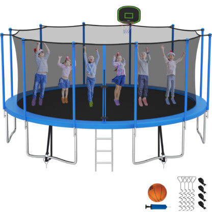Kumix Trampoline with Enclosure Net for Kids Adults, 1500LBS 16FT Recreational Trampolines with Basketball Hoop, Ladder, Wind Stake, Outdoor Heavy Duty Round Trampoline for Family