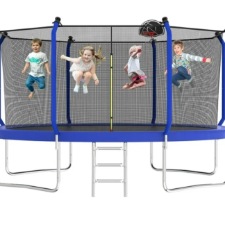Kumix Trampoline 8FT 10FT 12FT 14FT, 1400LBS Trampoline for 5-6 Kids or 3-4 Adults, Outdoor Tramppoline with Enclosure, Basketball Hoop and Ladder, Upgraded Heavy Duty Galvanized Anti-Rust Trampoline