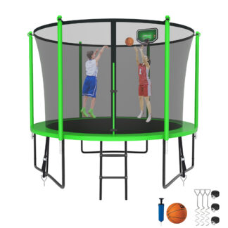Kumix Trampoline for Kids, 10FT Trampoline with Enclosure, Basketball Hoop and Ladder, 1000LBS Capacity for 3-4 Kids, Outdoor/Indoor Round Recreational Trampoline for Backyard