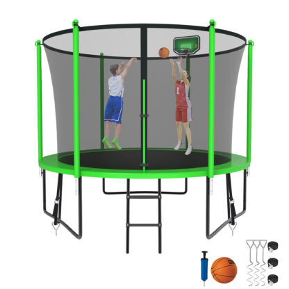 Kumix Trampoline for Kids, 10FT Trampoline with Enclosure, Basketball Hoop and Ladder, 1000LBS Capacity for 3-4 Kids, Outdoor/Indoor Round Recreational Trampoline for Backyard