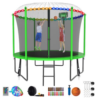 Kumix Trampoline for Kids, 10FT Trampoline with Enclosure, Basketball Hoop and Ladder, 1000LBS Capacity for 3-4 Kids, Outdoor/Indoor Round Recreational Trampoline with Extra Gift