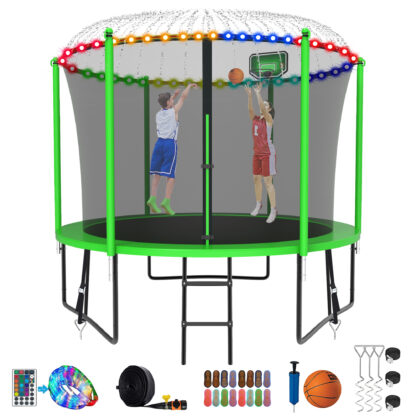 Kumix Trampoline for Kids, 10FT Trampoline with Enclosure, Basketball Hoop and Ladder, 1000LBS Capacity for 3-4 Kids, Outdoor/Indoor Round Recreational Trampoline with Extra Gift