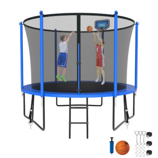 Kumix Trampoline for Kids, 10FT Trampoline with Enclosure, Basketball Hoop and Ladder, 1000LBS Capacity for 3-4 Kids, Outdoor/Indoor Round Recreational Trampoline for Backyard