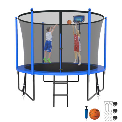 Kumix Trampoline for Kids, 10FT Trampoline with Enclosure, Basketball Hoop and Ladder, 1000LBS Capacity for 3-4 Kids, Outdoor/Indoor Round Recreational Trampoline for Backyard