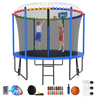 Kumix Trampoline for Kids, 10FT Trampoline with Enclosure, Basketball Hoop and Ladder, 1000LBS Capacity for 3-4 Kids, Outdoor/Indoor Round Recreational Trampoline with Extra Gift