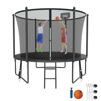 Kumix Trampoline for Kids, 10FT Trampoline with Enclosure, Basketball Hoop and Ladder, 1000LBS Capacity for 3-4 Kids, Outdoor/Indoor Round Recreational Trampoline for Backyard
