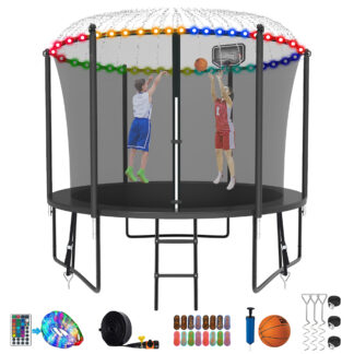 Kumix Trampoline for Kids, 10FT Trampoline with Enclosure, Basketball Hoop and Ladder, 1000LBS Capacity for 3-4 Kids, Outdoor/Indoor Round Recreational Trampoline with Extra Gift