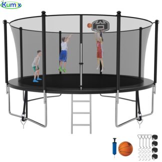 Kumix Trampoline 1200LBS 14 12 FT Trampoline for 5-6 Kids and Adults, Windproof Outdoor Trampoline with Enclosure Net, Basketball Hoop, Easy to Install & Last Long