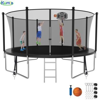 Kumix Trampoline 1400LBS 14 12 FT Trampoline for 7-8 Kids and Adults, Windproof Outdoor Trampoline with Enclosure Net, Basketball Hoop, Easy to Install & Last Long