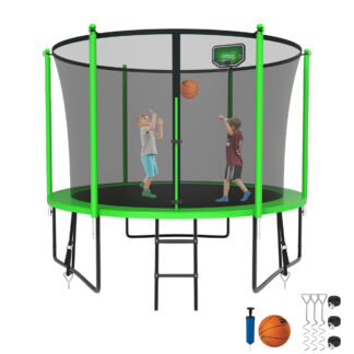 Kumix Trampoline for Kids, 8FT Trampoline with Enclosure, Basketball Hoop and Ladder, 800LBS Capacity for 2-3 Kids, Outdoor/Indoor Round Recreational Trampoline for Backyard
