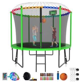 Kumix Trampoline for Kids, 8FT Trampoline with Enclosure, Basketball Hoop and Ladder, 800LBS Capacity for 2-3 Kids, Outdoor/Indoor Round Recreational Trampoline with Extra Gift