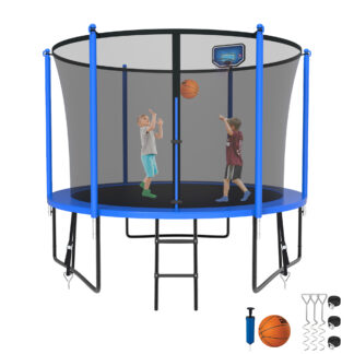 Kumix Trampoline for Kids, 8FT Trampoline with Enclosure, Basketball Hoop and Ladder, 800LBS Capacity for 2-3 Kids, Outdoor/Indoor Round Recreational Trampoline for Backyard
