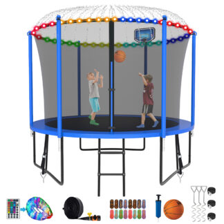 Kumix Trampoline for Kids, 8FT Trampoline with Enclosure, Basketball Hoop and Ladder, 800LBS Capacity for 2-3 Kids, Outdoor/Indoor Round Recreational Trampoline with Extra Gift