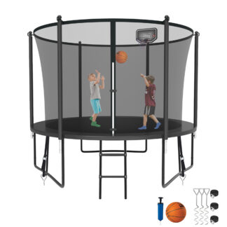 Kumix Trampoline for Kids, 8FT Trampoline with Enclosure, Basketball Hoop and Ladder, 800LBS Capacity for 2-3 Kids, Outdoor/Indoor Round Recreational Trampoline for Backyard