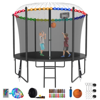 Kumix Trampoline for Kids, 8FT Trampoline with Enclosure, Basketball Hoop and Ladder, 800LBS Capacity for 2-3 Kids, Outdoor/Indoor Round Recreational Trampoline with Extra Gift