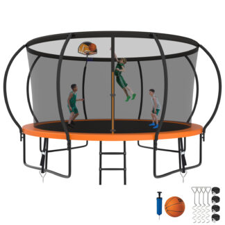 Kumix Trampoline 1200LBS 8 10 12 14 15 16FT Trampoline for Adults and Kids, Trampoline with Enclosure, Basketball Hoop, Wind Stakes, No Gap Design Galvanized Anti-Rust Outdoor Trampoline, Orange