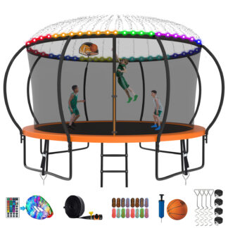 Kumix Trampoline 1200LBS 8 10 12 14 15 16FT Trampoline for Adults and Kids, Trampoline with Enclosure, Basketball Hoop, Wind Stakes and More Gifts, Galvanized Anti-Rust Outdoor Trampoline, Orange