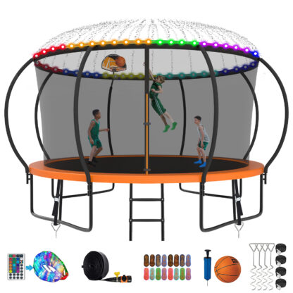 Kumix Trampoline 1200LBS 8 10 12 14 15 16FT Trampoline for Adults and Kids, Trampoline with Enclosure, Basketball Hoop, Wind Stakes and More Gifts, Galvanized Anti-Rust Outdoor Trampoline, Orange