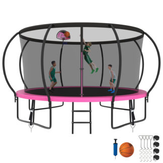 Kumix Trampoline 1200LBS 8 10 12 14 15 16FT Trampoline for Adults and Kids, Trampoline with Enclosure, Basketball Hoop, Wind Stakes, No Gap Design Galvanized Anti-Rust Outdoor Trampoline, Pink