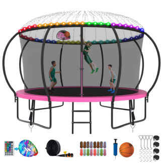 Kumix Trampoline 1200LBS 8 10 12 14 15 16FT Trampoline for Adults and Kids, Trampoline with Enclosure, Basketball Hoop, Wind Stakes and More Gifts, Galvanized Anti-Rust Outdoor Trampoline, Pink
