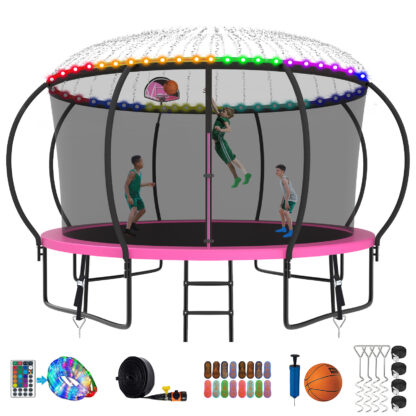 Kumix Trampoline 1200LBS 8 10 12 14 15 16FT Trampoline for Adults and Kids, Trampoline with Enclosure, Basketball Hoop, Wind Stakes and More Gifts, Galvanized Anti-Rust Outdoor Trampoline, Pink