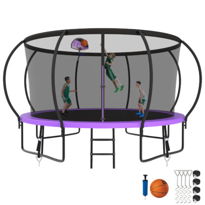 Kumix Trampoline 1200LBS 8 10 12 14 15 16FT Trampoline for Adults and Kids, Trampoline with Enclosure, Basketball Hoop, Wind Stakes, No Gap Design Galvanized Anti-Rust Outdoor Trampoline, Purple