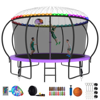 Kumix Trampoline 1200LBS 8 10 12 14 15 16FT Trampoline for Adults and Kids, Trampoline with Enclosure, Basketball Hoop, Wind Stakes and More Gifts, Galvanized Anti-Rust Outdoor Trampoline, Purple