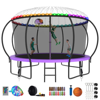 Kumix Trampoline 1200LBS 8 10 12 14 15 16FT Trampoline for Adults and Kids, Trampoline with Enclosure, Basketball Hoop, Wind Stakes and More Gifts, Galvanized Anti-Rust Outdoor Trampoline, Purple