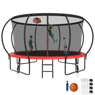 Kumix Trampoline 1200LBS 8 10 12 14 15 16FT Trampoline for Adults and Kids, Trampoline with Enclosure, Basketball Hoop, Wind Stakes, No Gap Design Galvanized Anti-Rust Outdoor Trampoline, Red