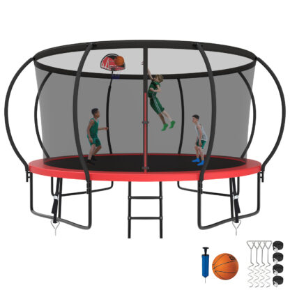 Kumix Trampoline 1200LBS 8 10 12 14 15 16FT Trampoline for Adults and Kids, Trampoline with Enclosure, Basketball Hoop, Wind Stakes, No Gap Design Galvanized Anti-Rust Outdoor Trampoline, Red