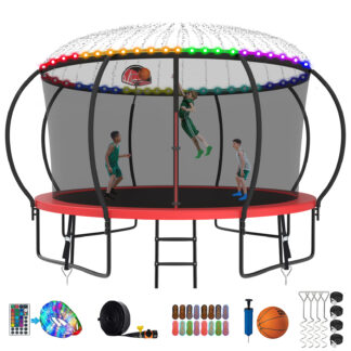 Kumix Trampoline 1200LBS 8 10 12 14 15 16FT Trampoline for Adults and Kids, Trampoline with Enclosure, Basketball Hoop, Wind Stakes and More Gifts, Galvanized Anti-Rust Outdoor Trampoline, Red