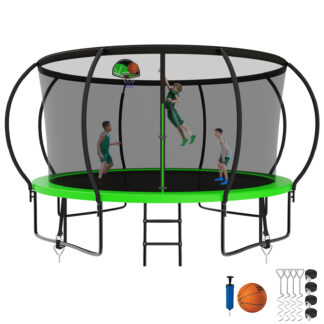 Kumix Trampoline, 12FT 14FT 15FT 16FT Trampoline with Enclosure, Basketball Hoop, Wind Stakes, 1200LBS Trampoline for 6-7 Kids/2-3 Adults, Outdoor Heavy Duty Galvanized Full Spray Pumpkin Trampoline