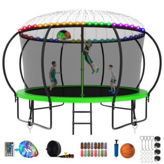 Kumix Trampoline, 12FT 14FT 15FT 16FT Trampoline with Enclosure, Basketball Hoop, Extra Gifts, 1200LBS Trampoline for 6-7 Kids/2-3 Adults, Outdoor Heavy Duty Galvanized Full Spray Pumpkin Trampoline