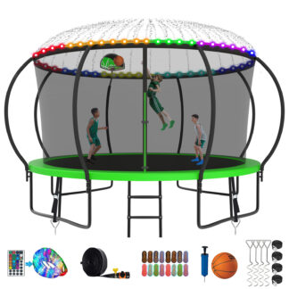 Kumix Trampoline 1200LBS 8 10 12 14 15 16FT Trampoline for Adults and Kids, Trampoline with Enclosure, Basketball Hoop, Wind Stakes and More Gifts, Galvanized Anti-Rust Outdoor Trampoline, Green
