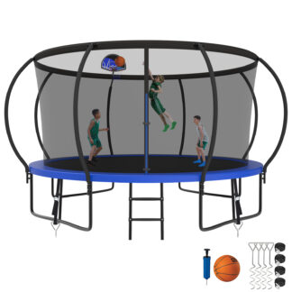 Kumix Trampoline 1200LBS 8 10 12 14 15 16FT Trampoline for Adults and Kids, Trampoline with Enclosure, Basketball Hoop, Wind Stakes, No Gap Design Galvanized Anti-Rust Outdoor Trampoline, Blue