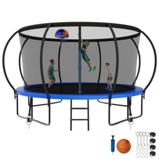 Kumix Trampoline, 12FT 14FT 15FT 16FT Trampoline with Enclosure, Basketball Hoop, Wind Stakes, 1200LBS Trampoline for 6-7 Kids/2-3 Adults, Outdoor Heavy Duty Galvanized Full Spray Pumpkin Trampoline
