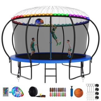 Kumix Trampoline, 12FT 14FT 15FT 16FT Trampoline with Enclosure, Basketball Hoop, Extra Gifts, 1200LBS Trampoline for 6-7 Kids/2-3 Adults, Outdoor Heavy Duty Galvanized Full Spray Pumpkin Trampoline