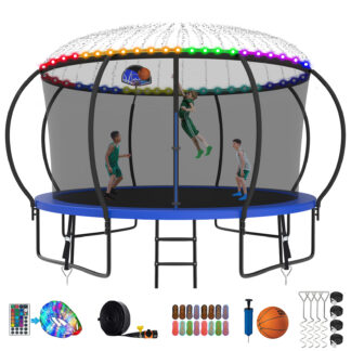 Kumix Trampoline 1200LBS 8 10 12 14 15 16FT Trampoline for Adults and Kids, Trampoline with Enclosure, Basketball Hoop, Wind Stakes and More Gifts, Galvanized Anti-Rust Outdoor Trampoline, Blue