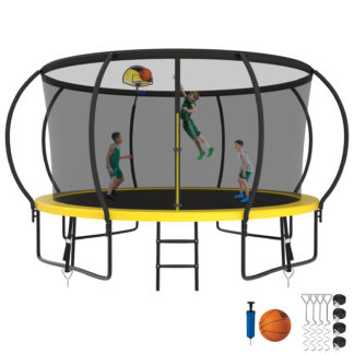 Kumix Trampoline 1200LBS 8 10 12 14 15 16FT Trampoline for Adults and Kids, Trampoline with Enclosure, Basketball Hoop, Wind Stakes, No Gap Design Galvanized Anti-Rust Outdoor Trampoline, Yellow