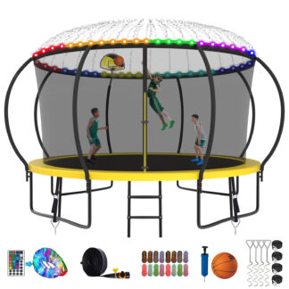 Kumix Trampoline 1200LBS 8 10 12 14 15 16FT Trampoline for Adults and Kids, Trampoline with Enclosure, Basketball Hoop, Wind Stakes and More Gifts, Galvanized Anti-Rust Outdoor Trampoline, Yellow