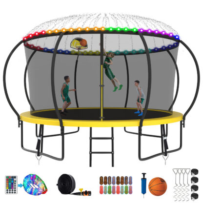 Kumix Trampoline 1200LBS 8 10 12 14 15 16FT Trampoline for Adults and Kids, Trampoline with Enclosure, Basketball Hoop, Wind Stakes and More Gifts, Galvanized Anti-Rust Outdoor Trampoline, Yellow