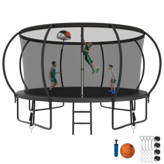 Kumix Trampoline 1200LBS 8 10 12 14 15 16FT Trampoline for Adults and Kids, Trampoline with Enclosure, Basketball Hoop, Wind Stakes, No Gap Design Galvanized Anti-Rust Outdoor Trampoline, Black