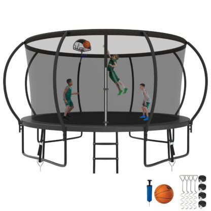Kumix Trampoline 1200LBS 8 10 12 14 15 16FT Trampoline for Adults and Kids, Trampoline with Enclosure, Basketball Hoop, Wind Stakes, No Gap Design Galvanized Anti-Rust Outdoor Trampoline, Black