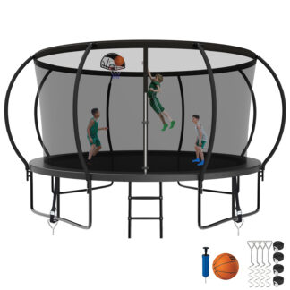 Kumix Trampoline, 12FT 14FT 15FT 16FT Trampoline with Enclosure, Basketball Hoop, Wind Stakes, 1200LBS Trampoline for 6-7 Kids/2-3 Adults, Outdoor Heavy Duty Galvanized Full Spray Pumpkin Trampoline