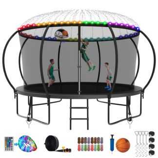 Kumix Trampoline, 12FT 14FT 15FT 16FT Trampoline with Enclosure, Basketball Hoop, Extra Gifts, 1200LBS Trampoline for 6-7 Kids/2-3 Adults, Outdoor Heavy Duty Galvanized Full Spray Pumpkin Trampoline